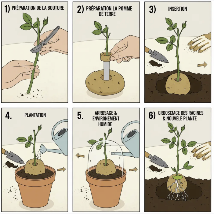 Schéma des étapes pour bouturer un rosier en utilisant une pomme de terre : préparation du bouturage, insertion dans la pomme de terre, plantation en terre et mise enracinement.