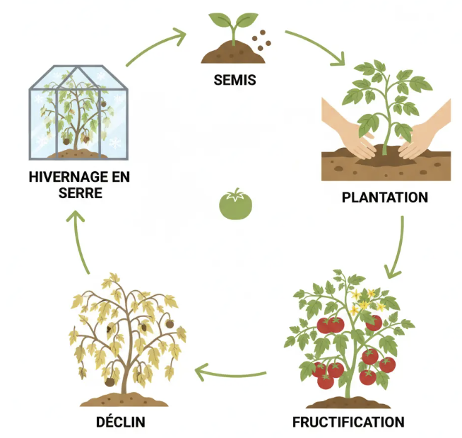 Schéma de la durée de vie d’un plant de tomates : semis, plantation, fructification, déclin ou hivernage en serre