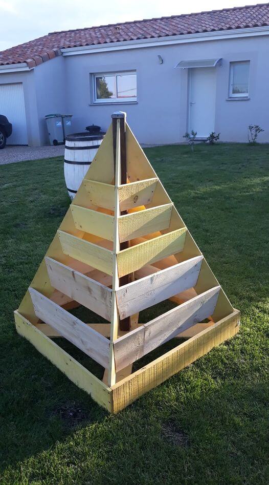 Pyramide de fraisiers en bois. Crédit photo Bruno Barbiera.