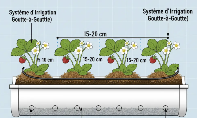 Schéma culture de fraisiers en gouttière : trous de drainage, espacement 15-20 cm, paillage et goutte-à-goutte