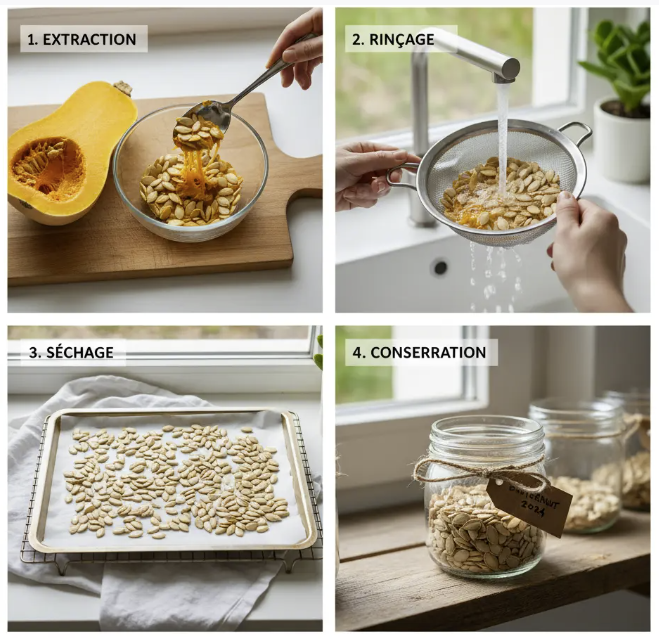 Étapes pour récupérer les graines de butternut : extraction, rinçage, séchage, conservation