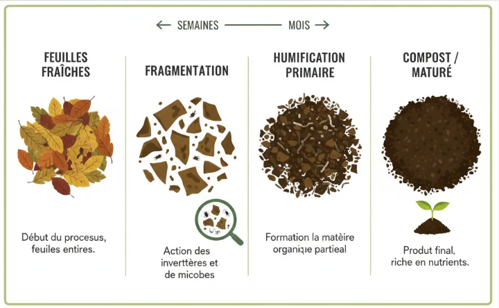 Schéma du temps de décomposition des feuilles mortes au potager